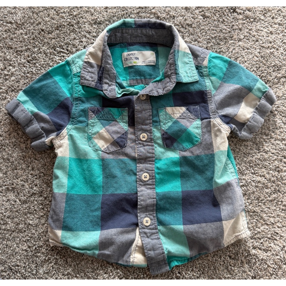 Family Collection Genuine Kids Teal Blue Plaid Short Sleeve Button Down Shirt 2T